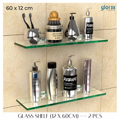 (PATEL ) (in Set) (2pcs) High Quality Thick Bathroom Wall Mounted Glass Shelf Shampoo Rack Bathroom Shelf Bathroom Rack Toilet Rack Glass Rack 1 Layer Toilet Rak Glass Rak Bathroom Rak Fast Delivery Ready Stock Readily Stock